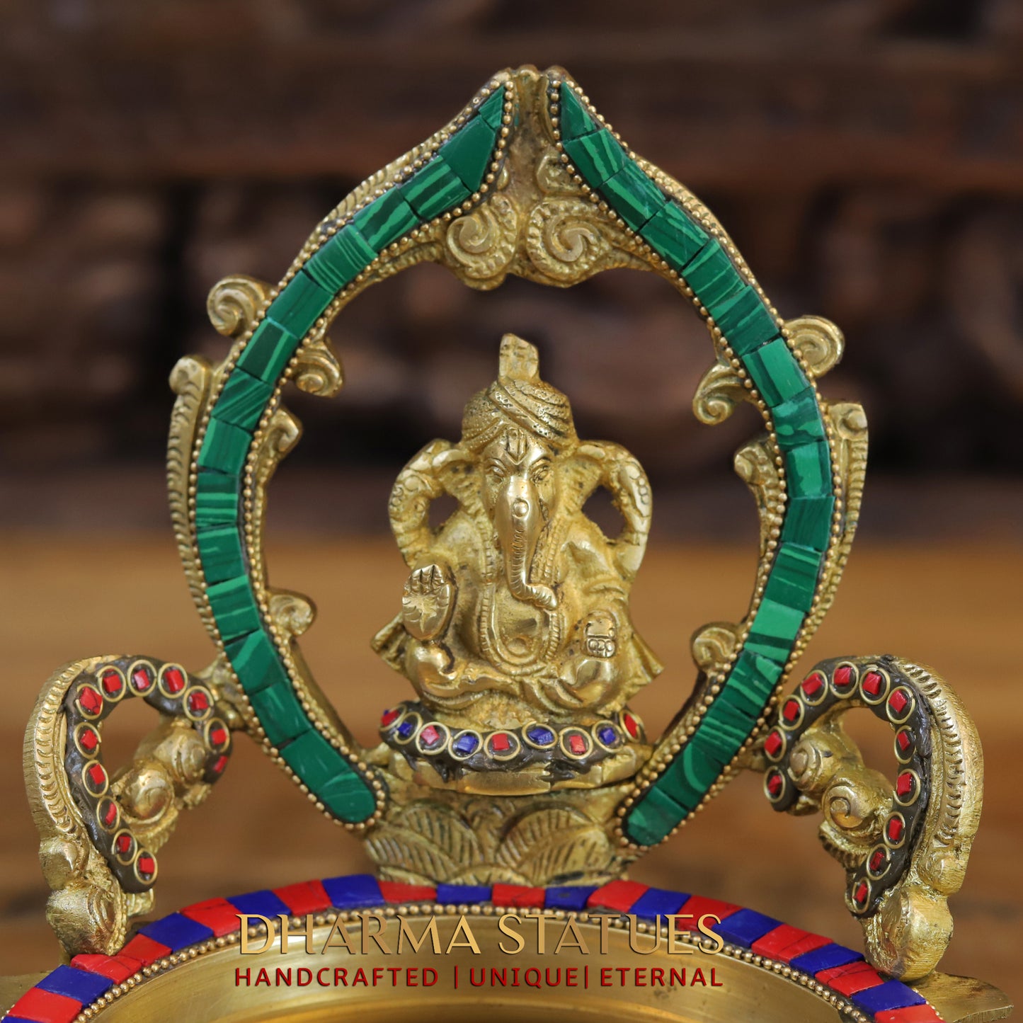 Brass Ganesh with Frame Diya Urli, Golden & Stonework, 8.5"