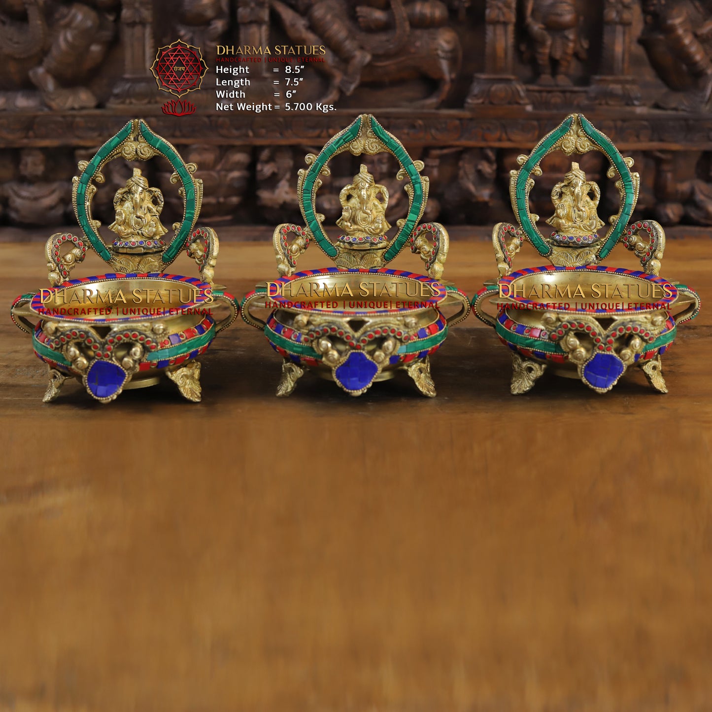 Brass Ganesh with Frame Diya Urli, Golden & Stonework, 8.5"