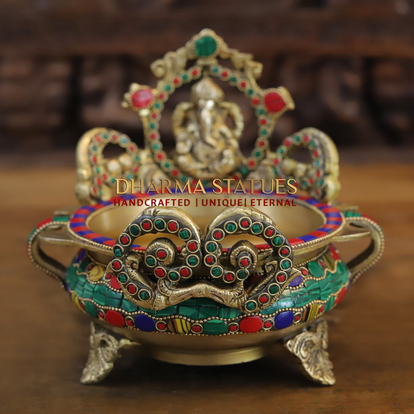 Brass Ganesh with Frame Diya Urli, Golden & Stonework, 7"