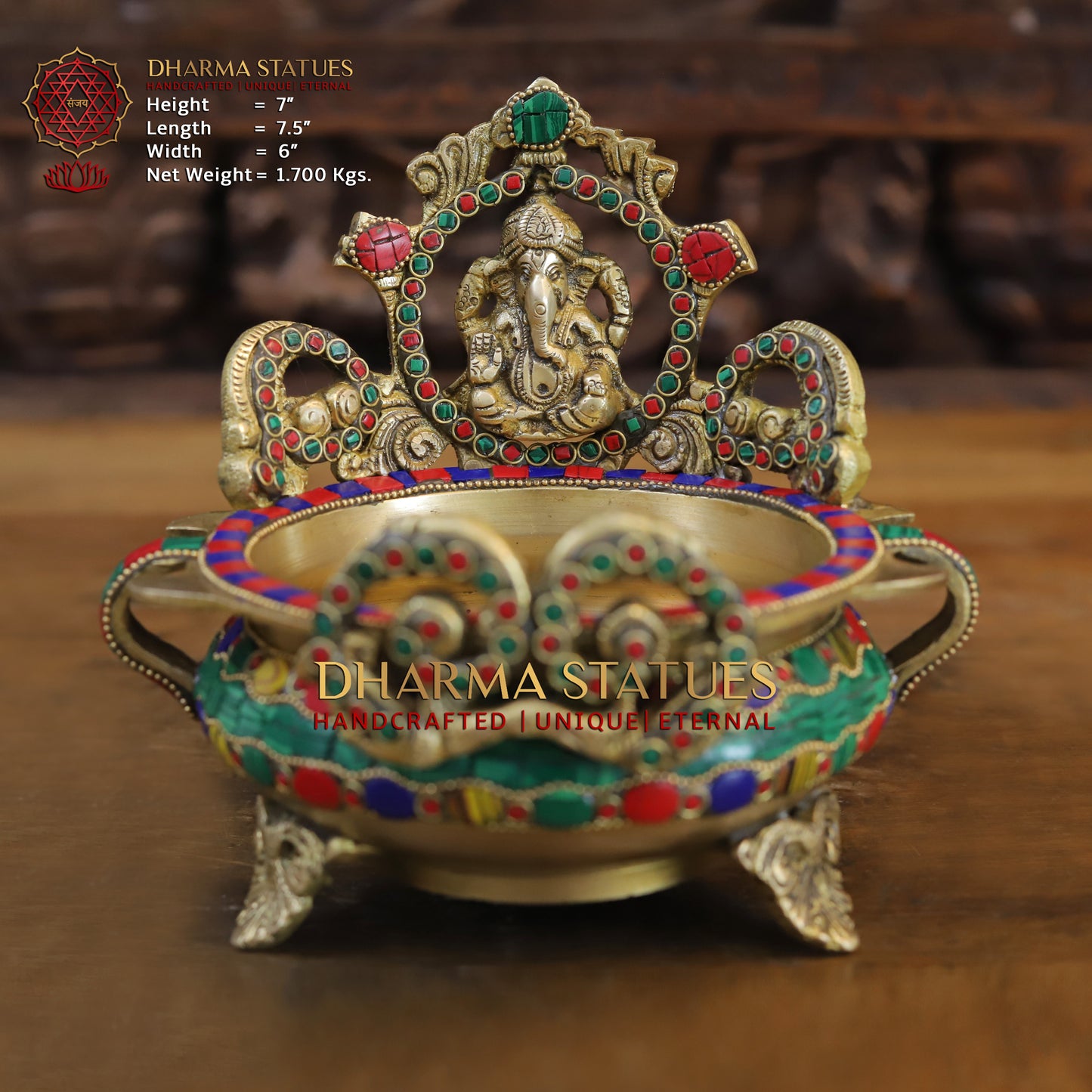 Brass Ganesh with Frame Diya Urli, Golden & Stonework, 7"