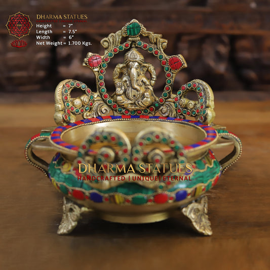 Brass Ganesh with Frame Diya Urli, Golden & Stonework, 7"