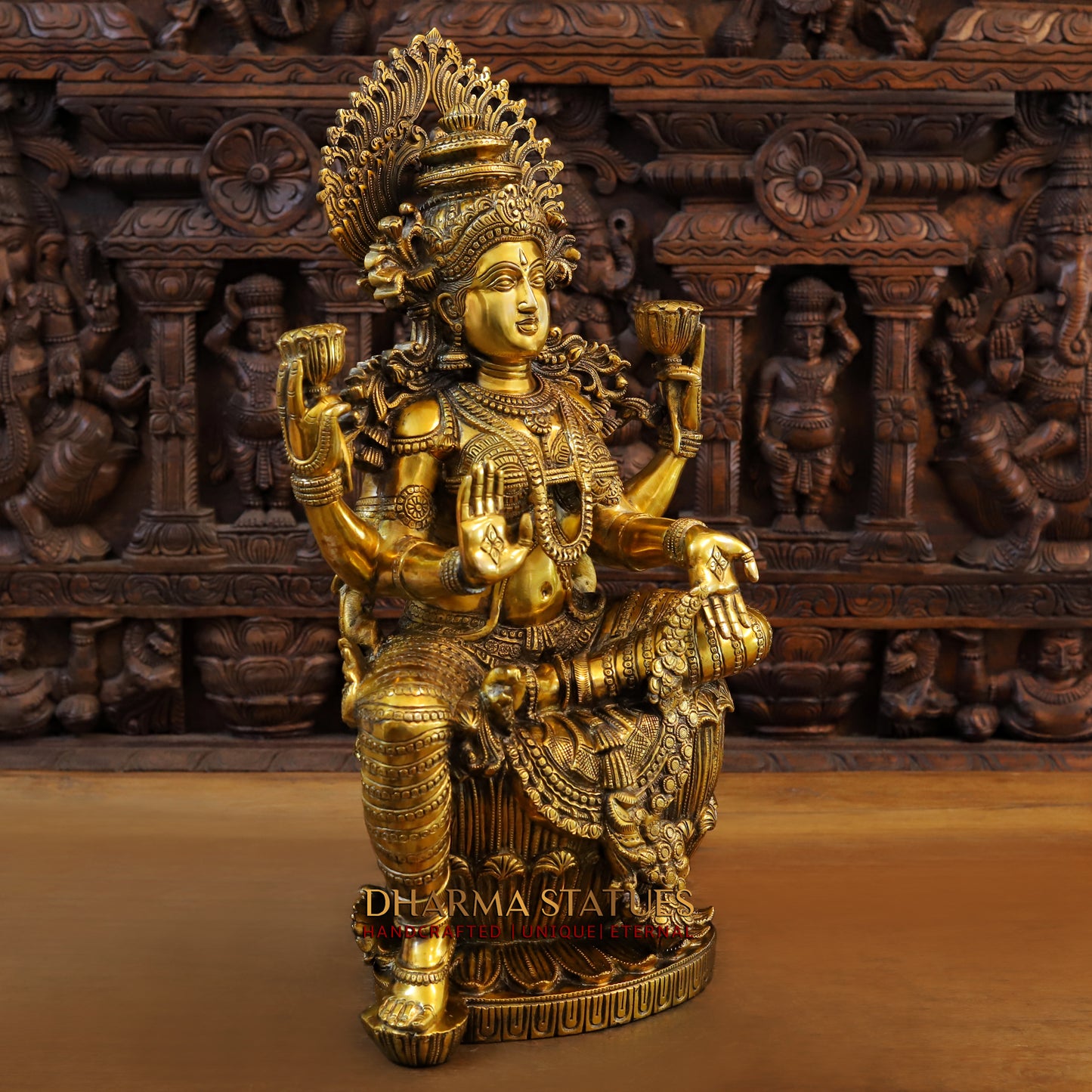 Brass Saraswati, Ganesh & Lakshmi, Fine Golden Finish, 26"