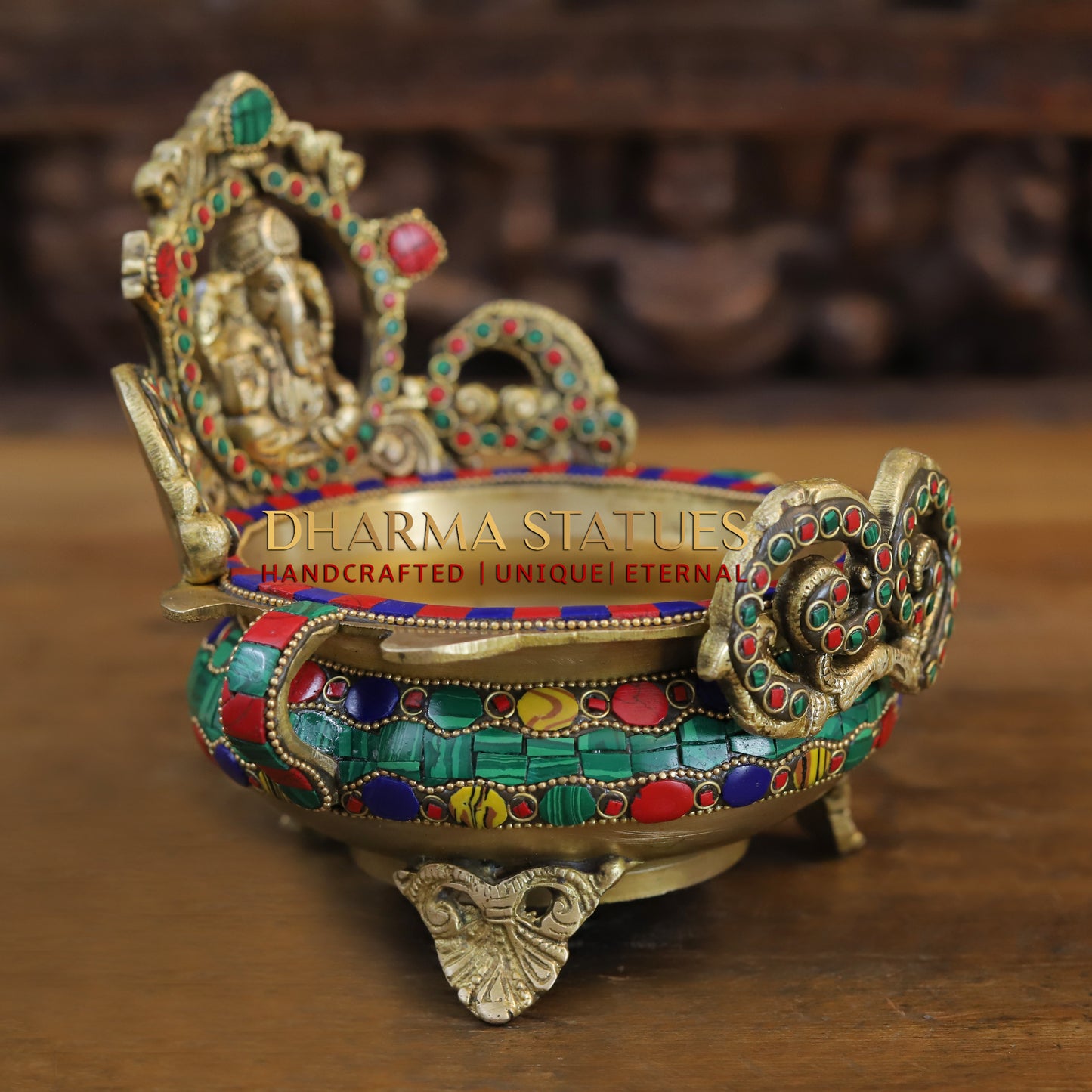 Brass Ganesh with Frame Diya Urli, Golden & Stonework, 7"