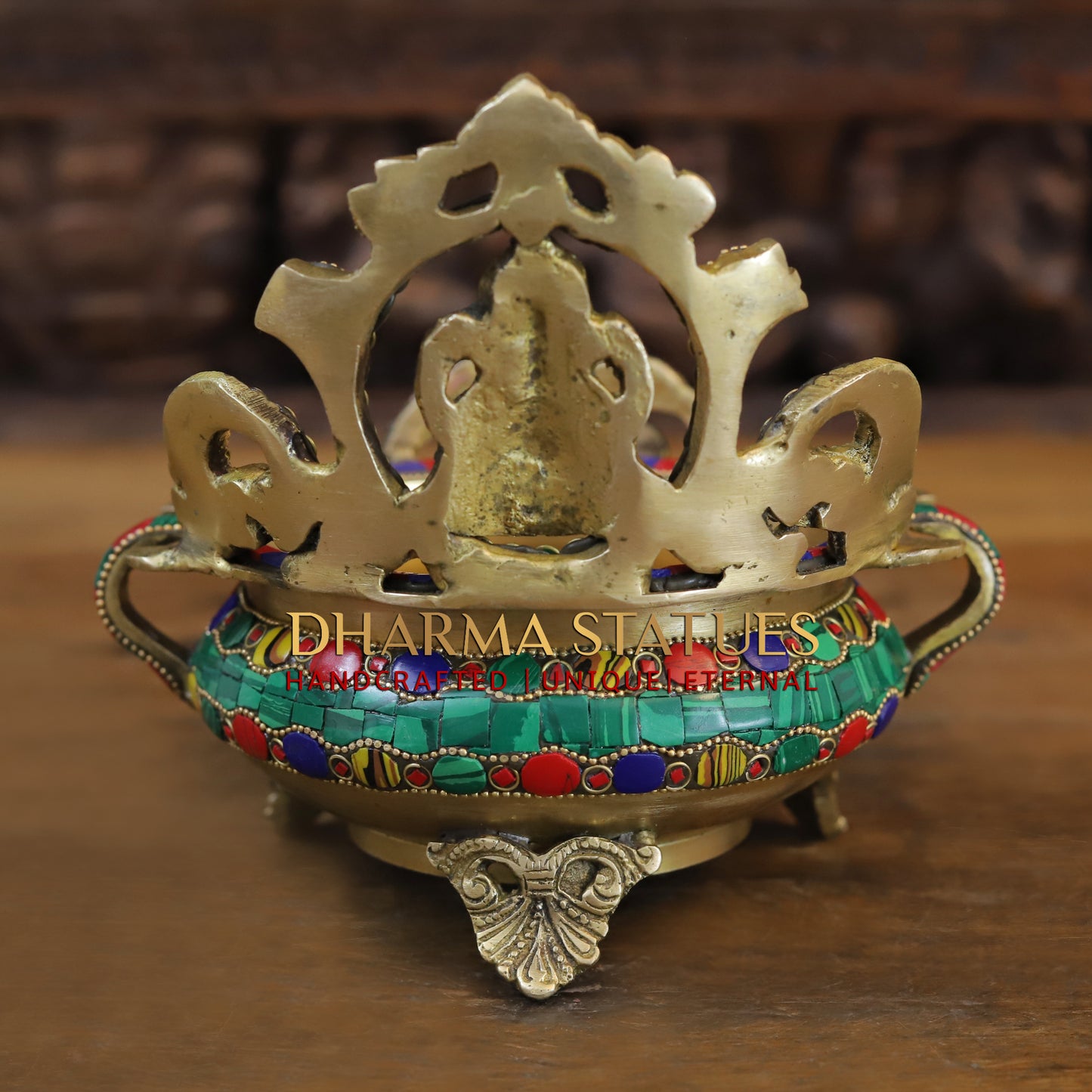 Brass Ganesh with Frame Diya Urli, Golden & Stonework, 7"