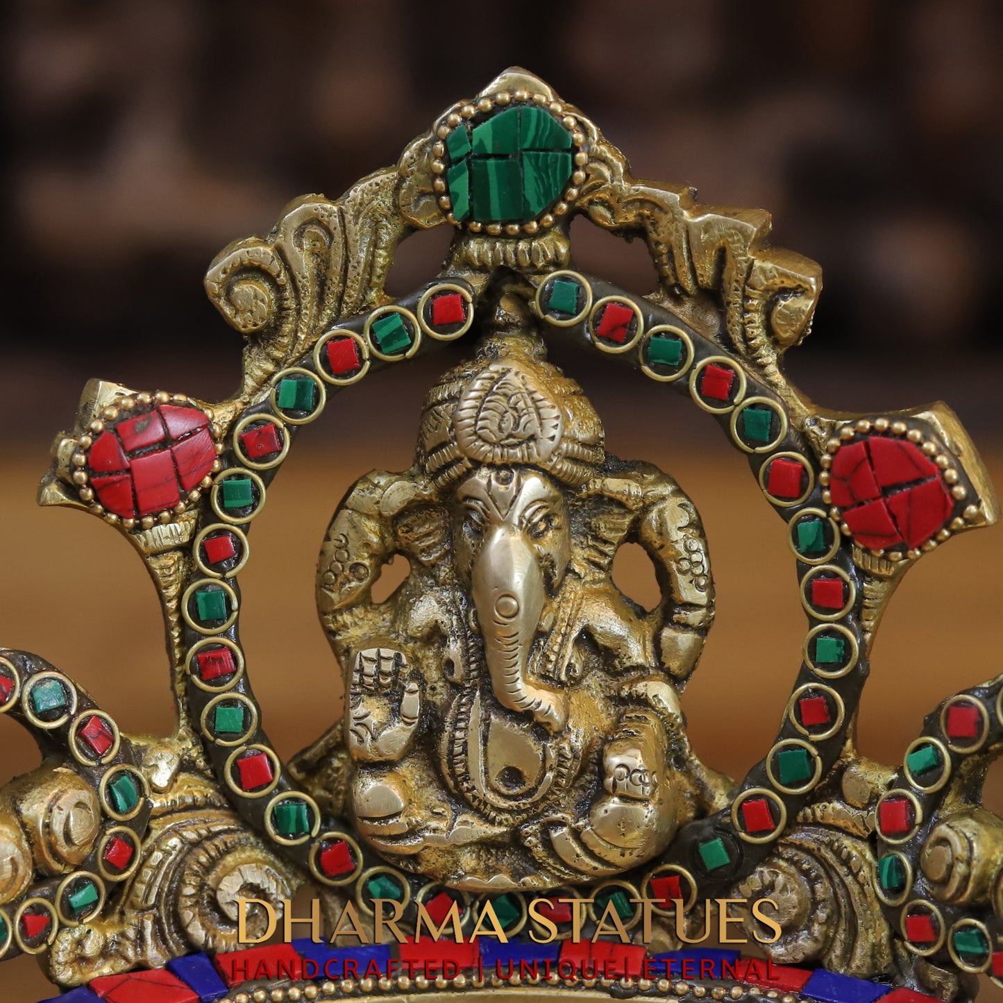 Brass Ganesh with Frame Diya Urli, Golden & Stonework, 7"