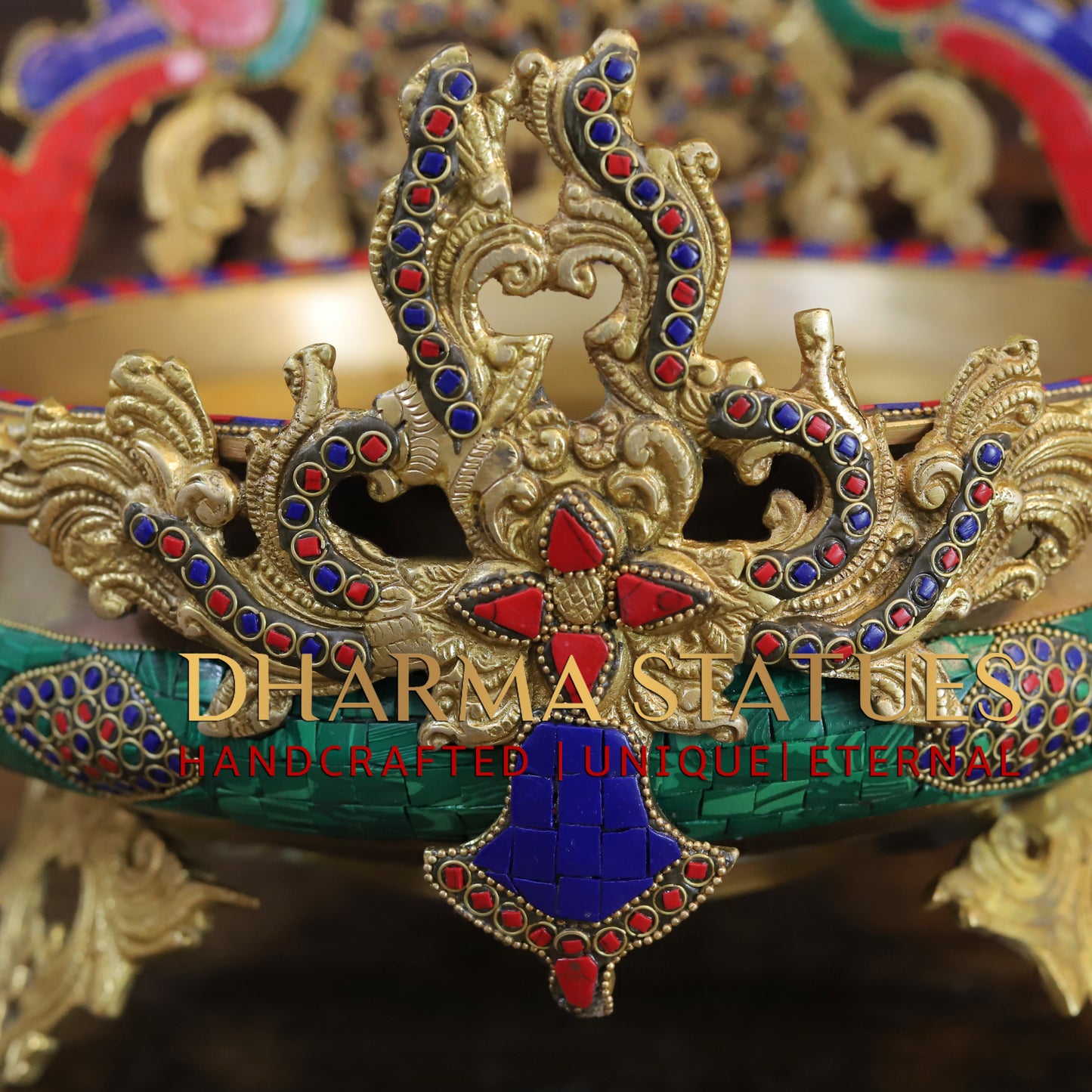 Brass Peacock Diya Urli, Golden & Stonework, 12"