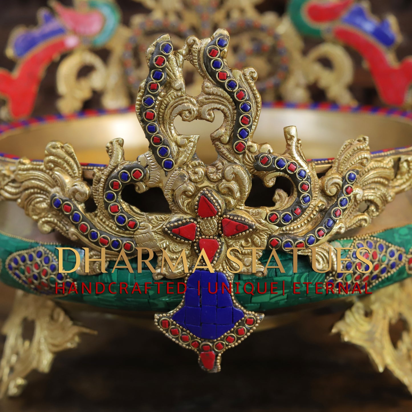 Brass Peacock Diya Urli, Golden & Stonework, 12"