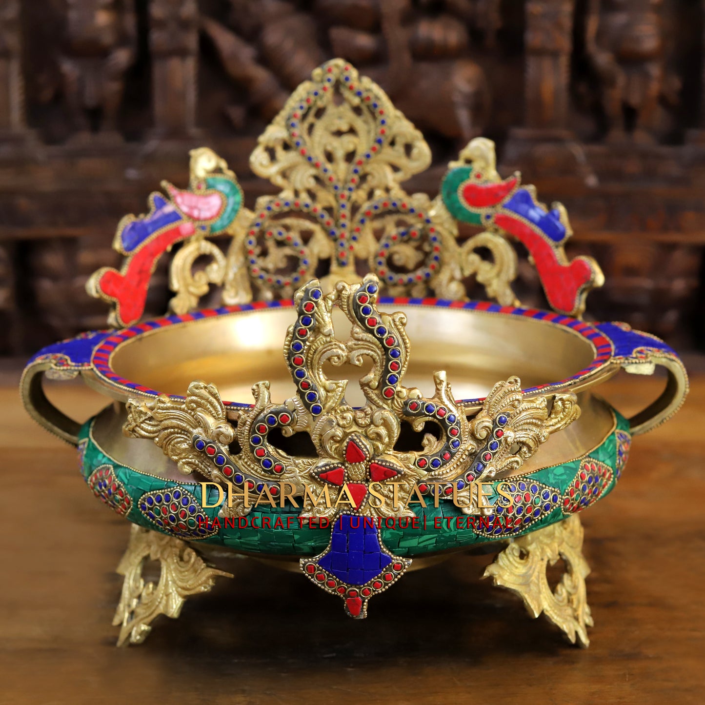 Brass Peacock Diya Urli, Golden & Stonework, 12"