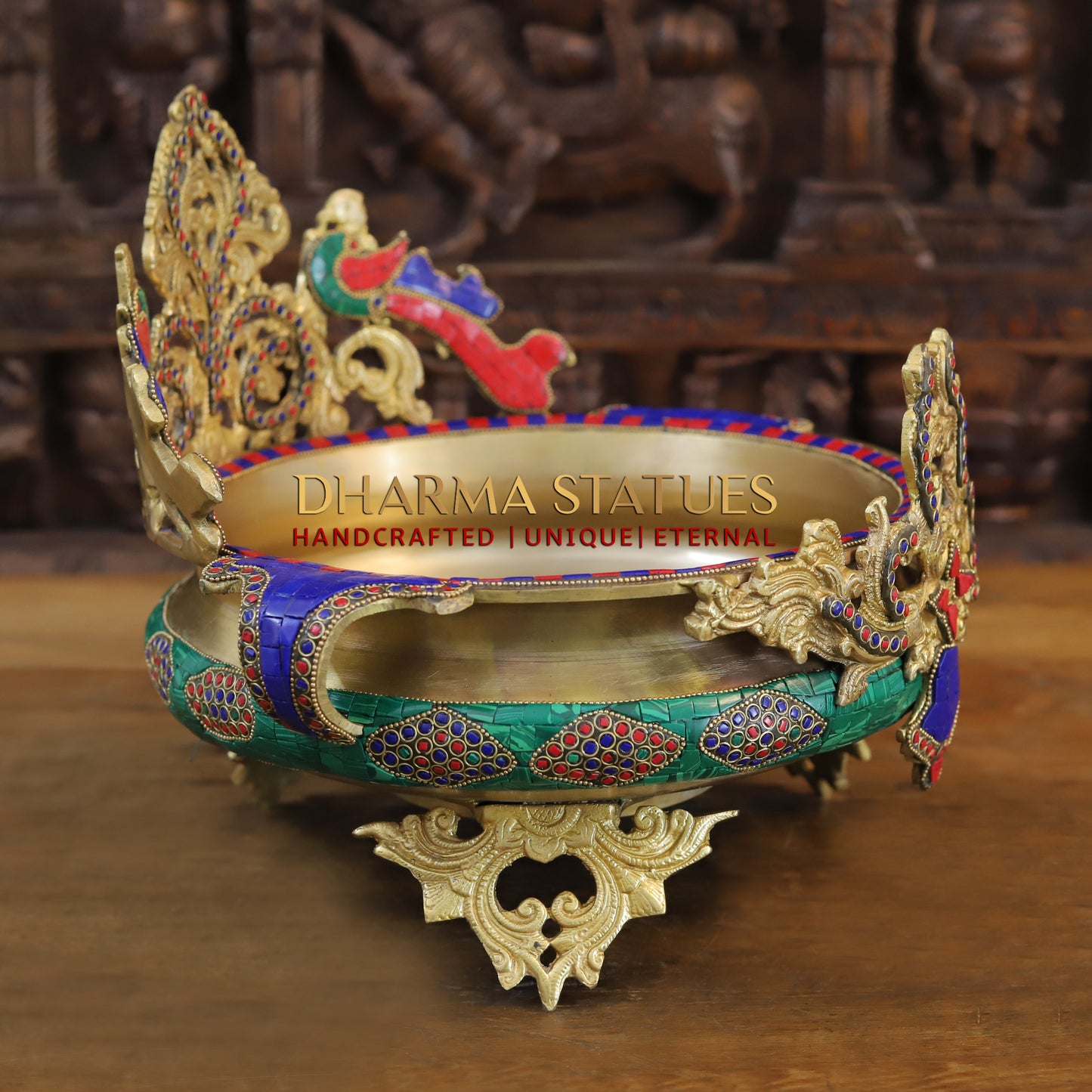 Brass Peacock Diya Urli, Golden & Stonework, 12"