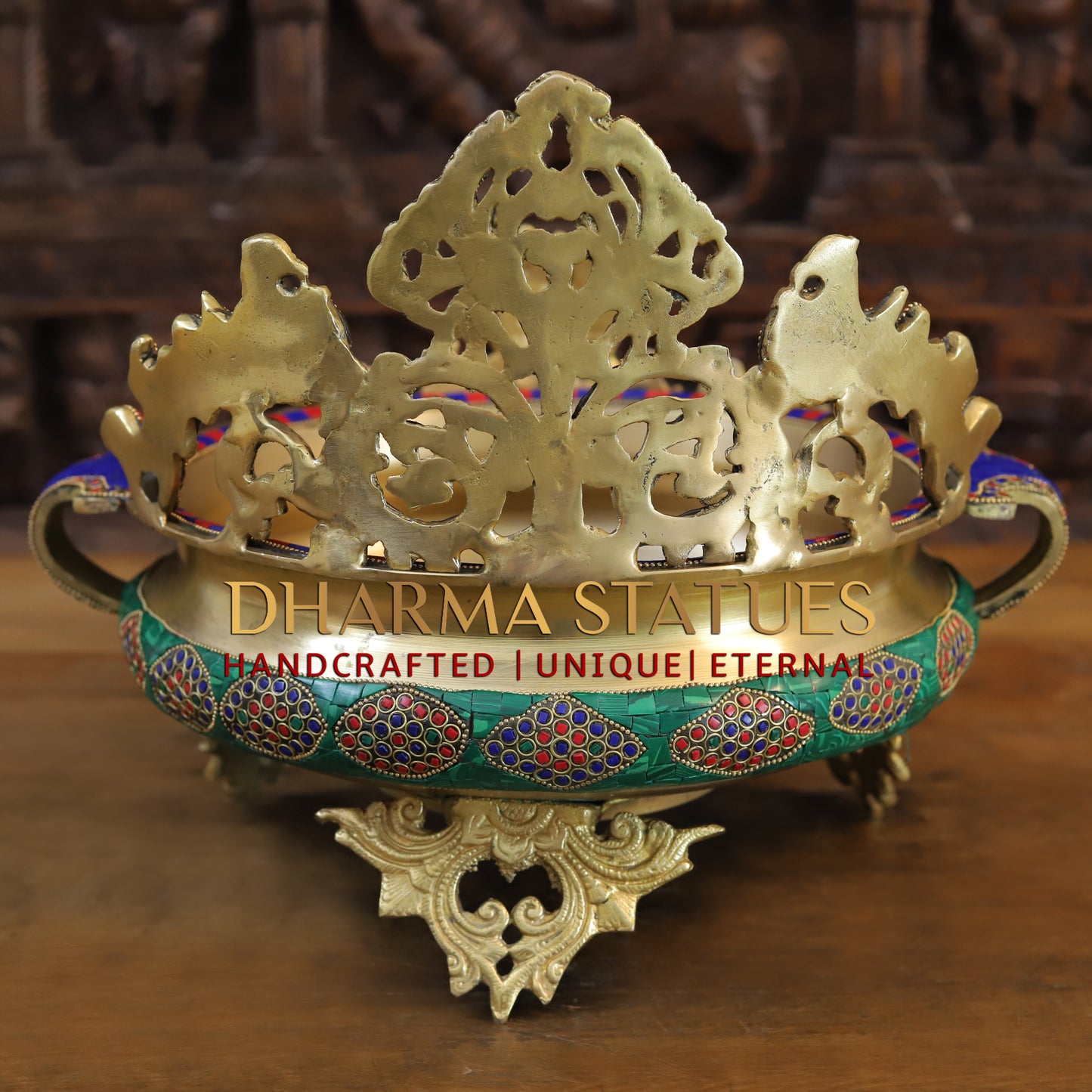 Brass Peacock Diya Urli, Golden & Stonework, 12"