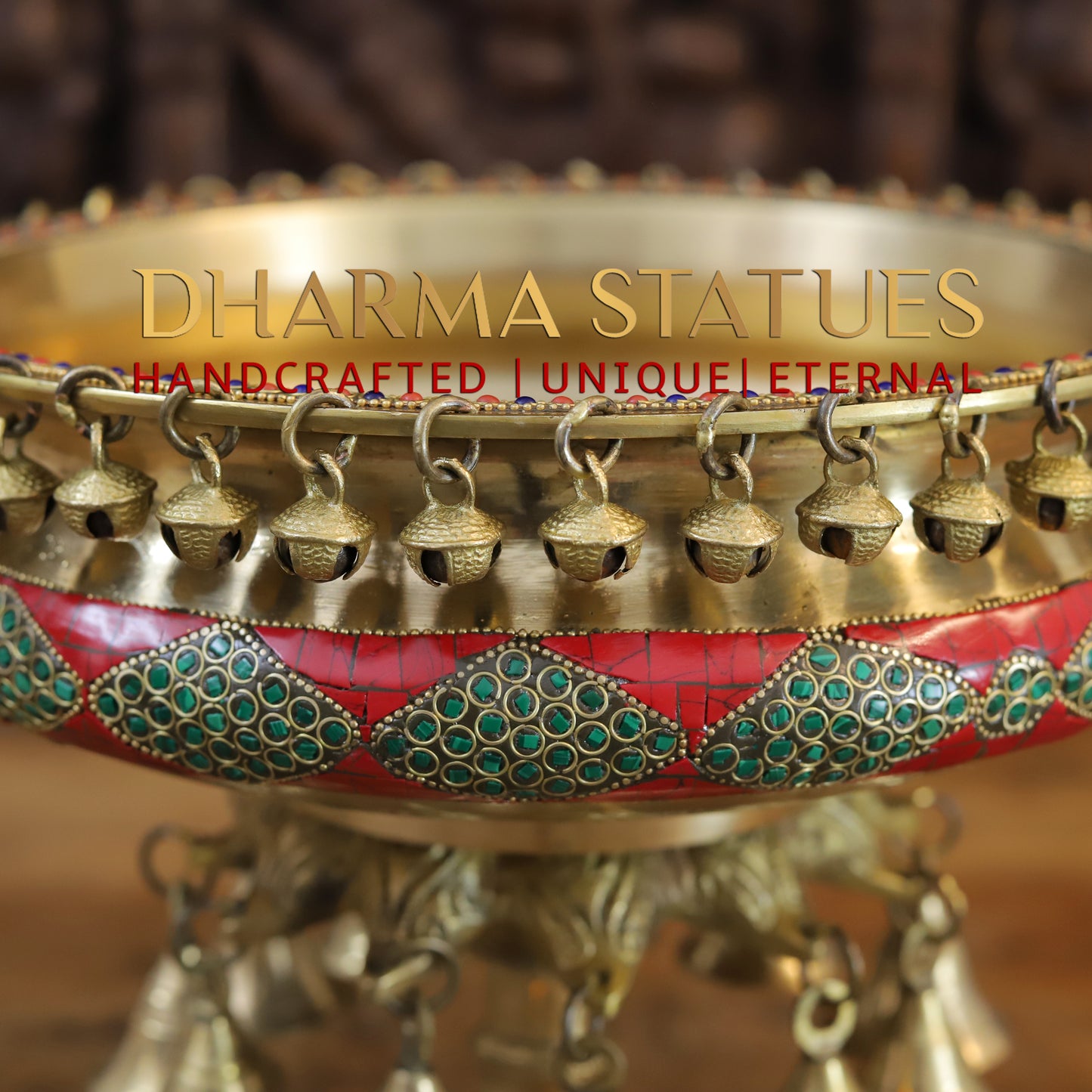 Brass Urli with Bells, Golden & Stonework, 12"