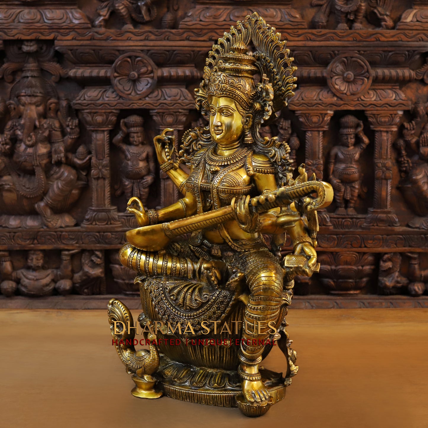Brass Saraswati, Ganesh & Lakshmi, Fine Golden Finish, 26"