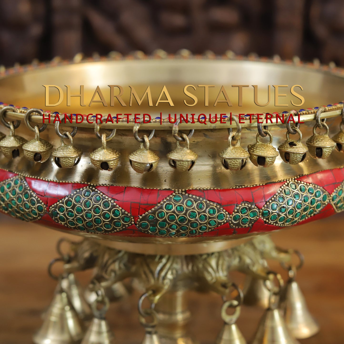 Brass Urli with Bells, Golden & Stonework, 12"