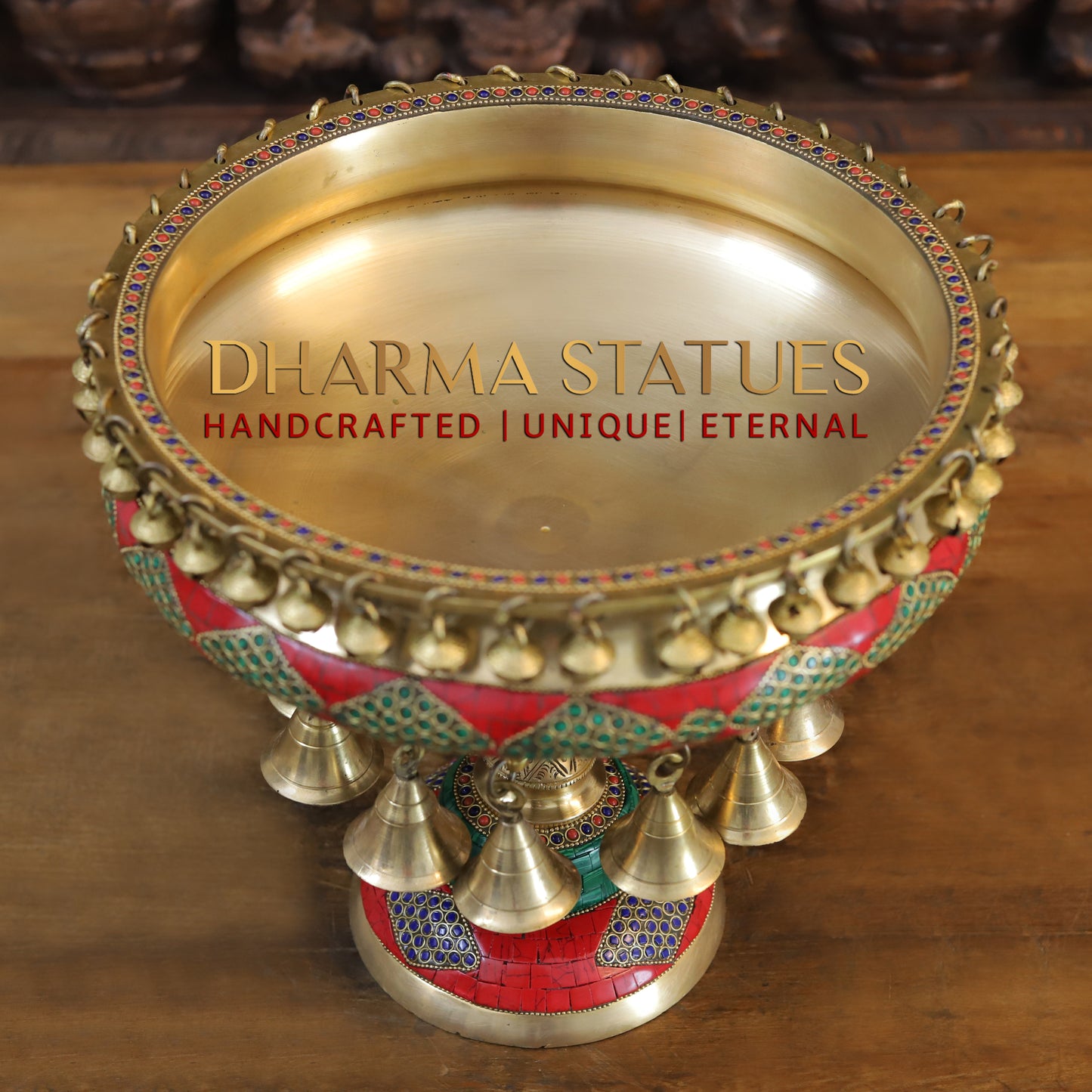 Brass Urli with Bells, Golden & Stonework, 12"