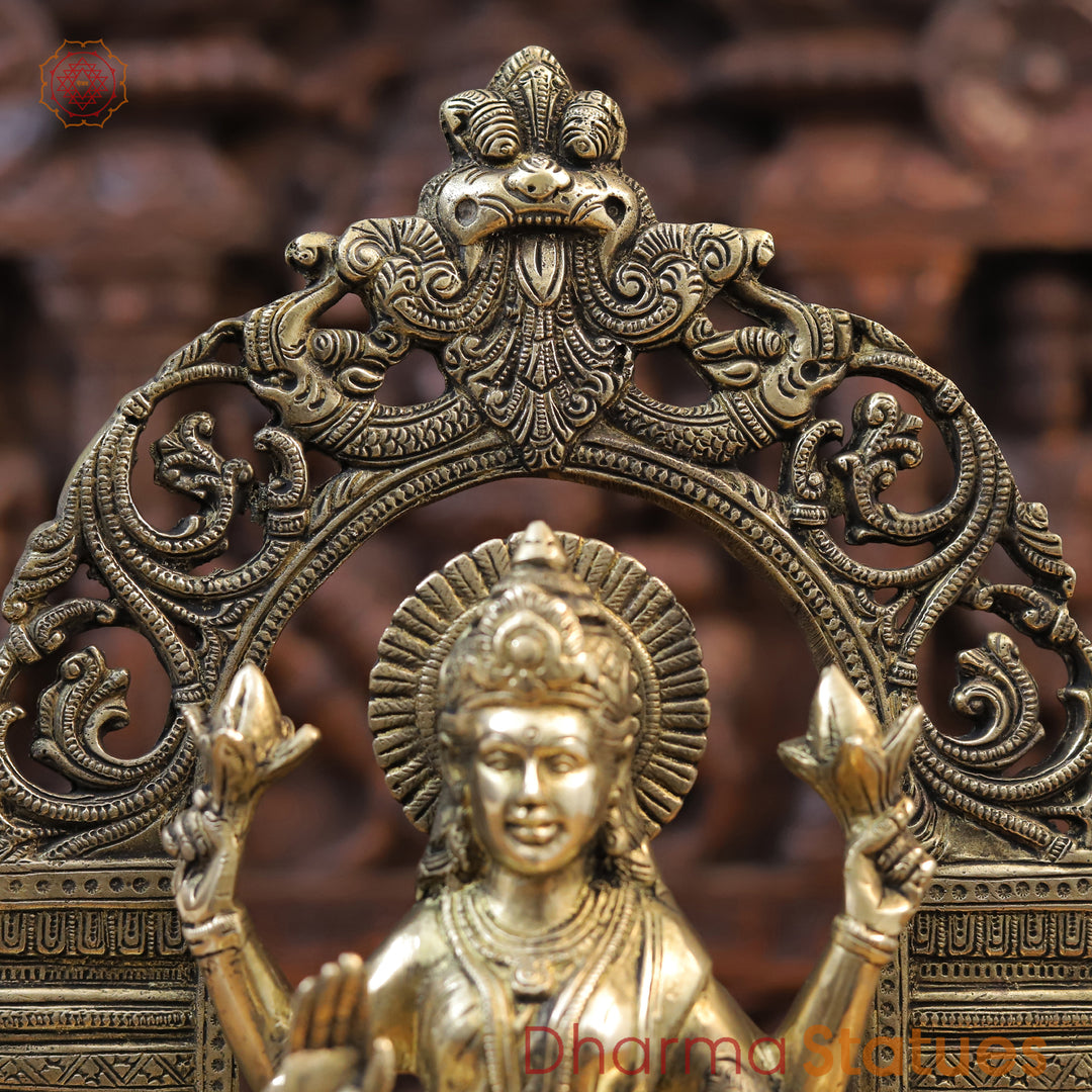 Brass Lakshmi Statue, Seated on Lotus in Yaksh Frame - Fine Golden Finish 15.5"