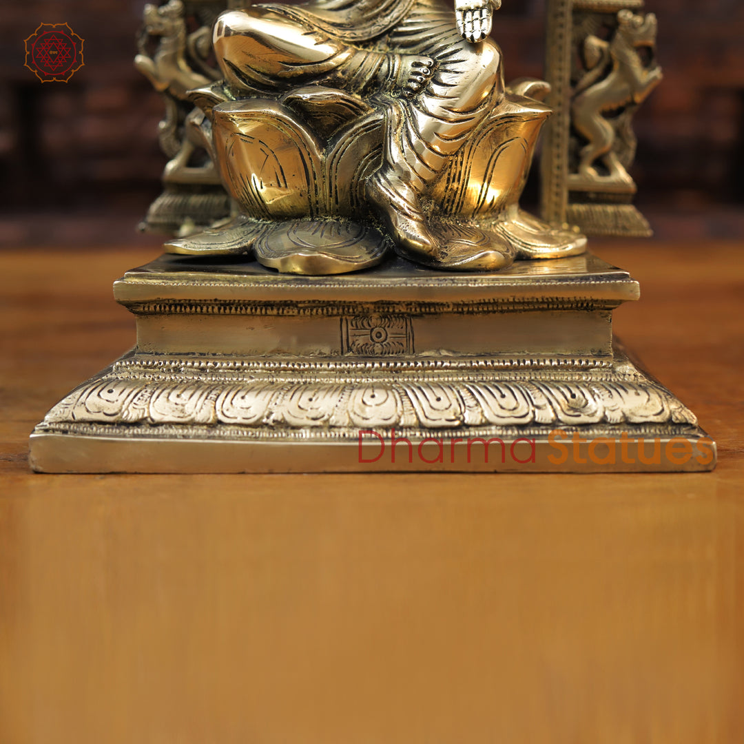 Brass Lakshmi Statue, Seated on Lotus in Yaksh Frame - Fine Golden Finish 15.5"