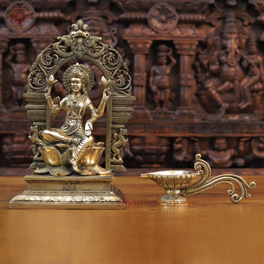 Brass Lakshmi Statue, Seated on Lotus in Yaksh Frame - Fine Golden Finish 15.5"