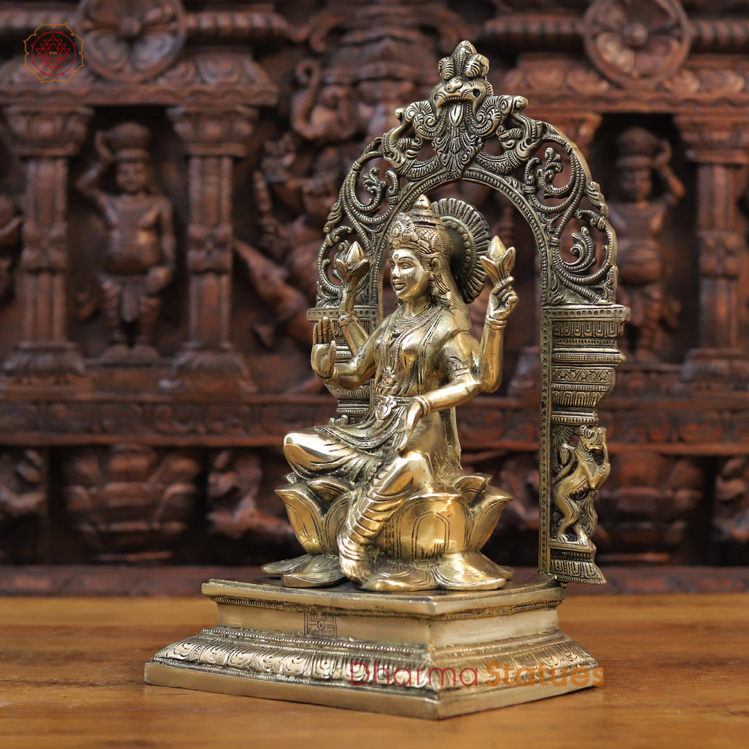 Brass Lakshmi Statue, Seated on Lotus in Yaksh Frame - Fine Golden Finish 15.5"