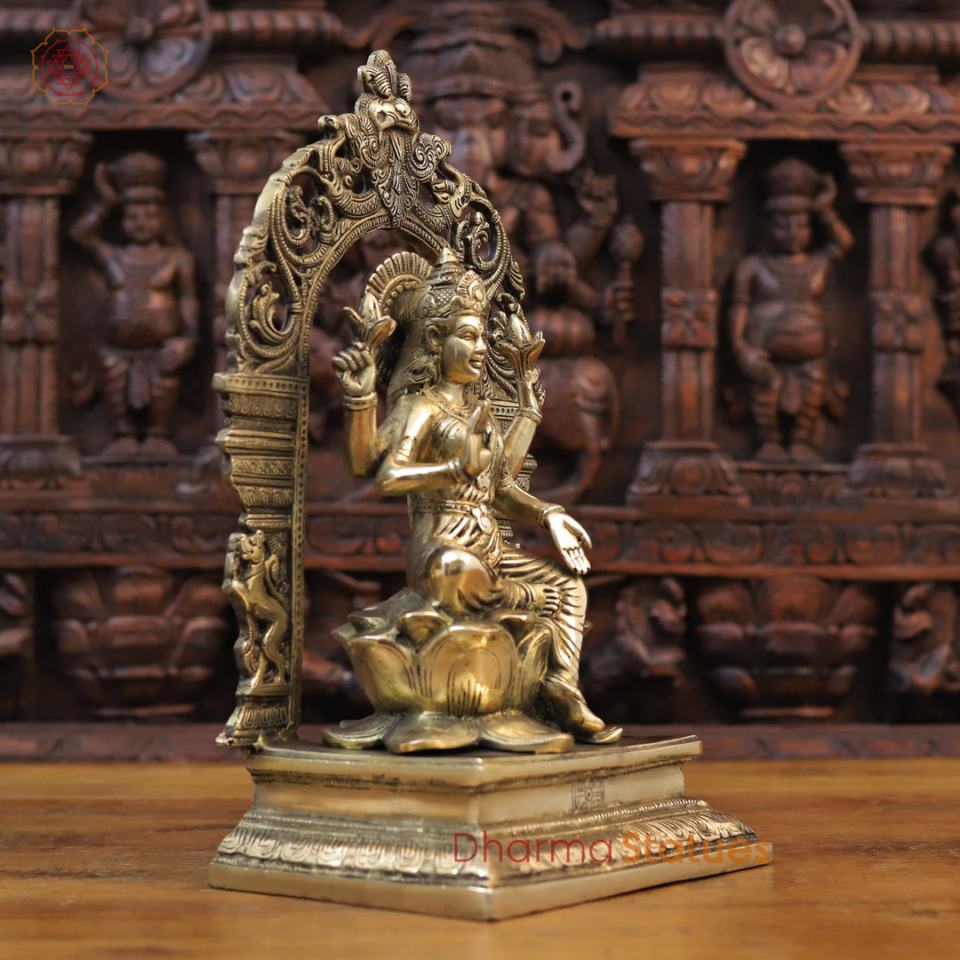 Brass Lakshmi Statue, Seated on Lotus in Yaksh Frame - Fine Golden Finish 15.5"