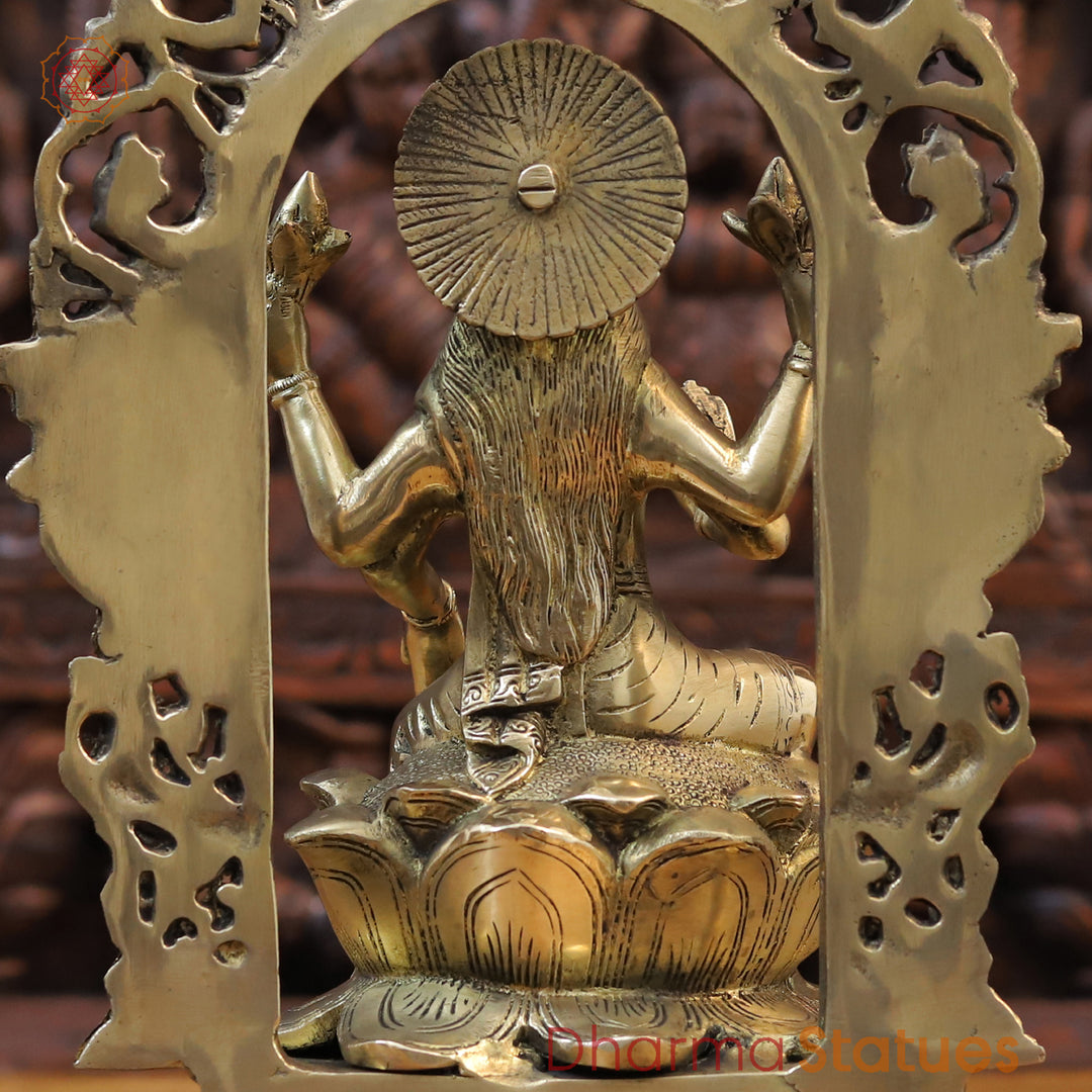 Brass Lakshmi Statue, Seated on Lotus in Yaksh Frame - Fine Golden Finish 15.5"