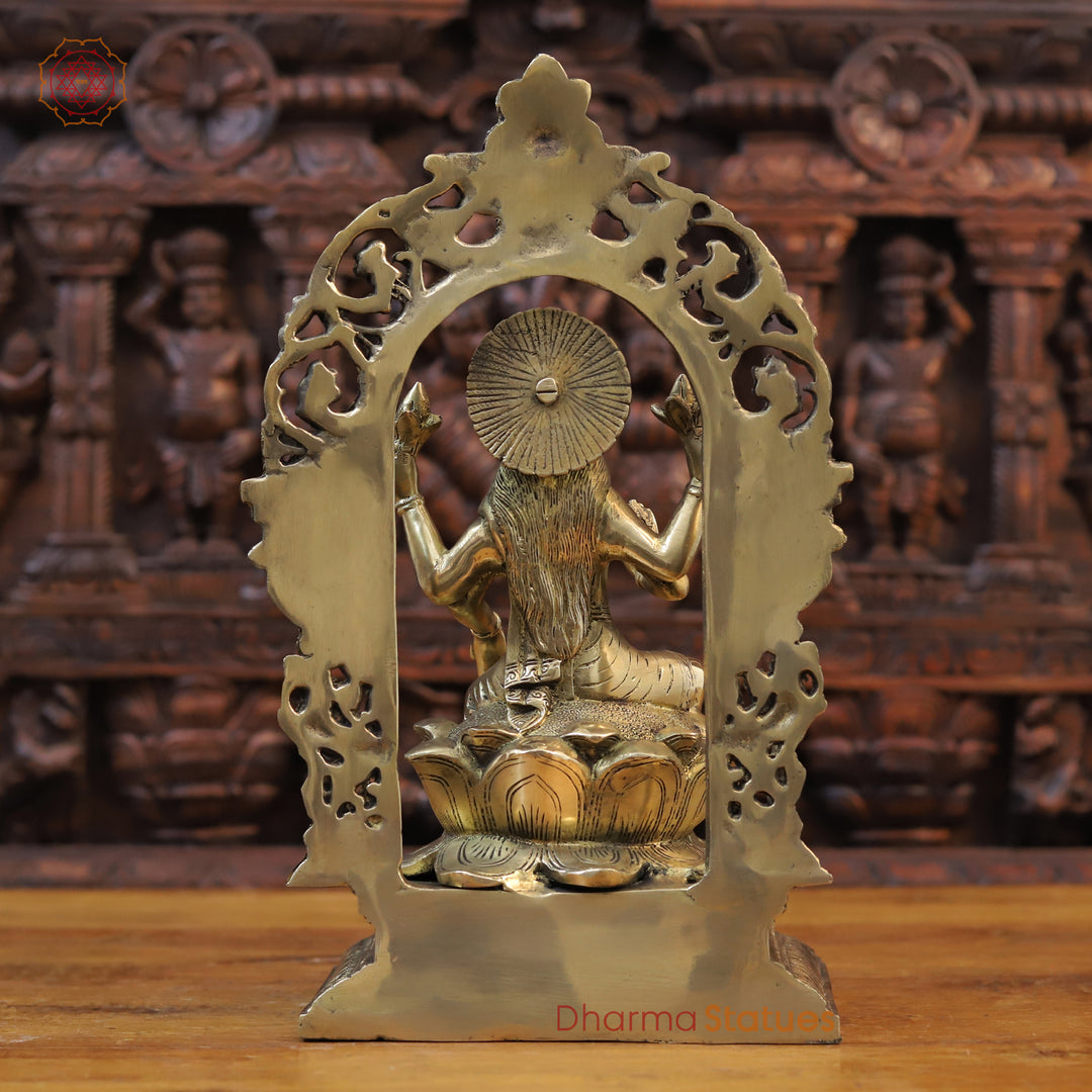 Brass Lakshmi Statue, Seated on Lotus in Yaksh Frame - Fine Golden Finish 15.5"