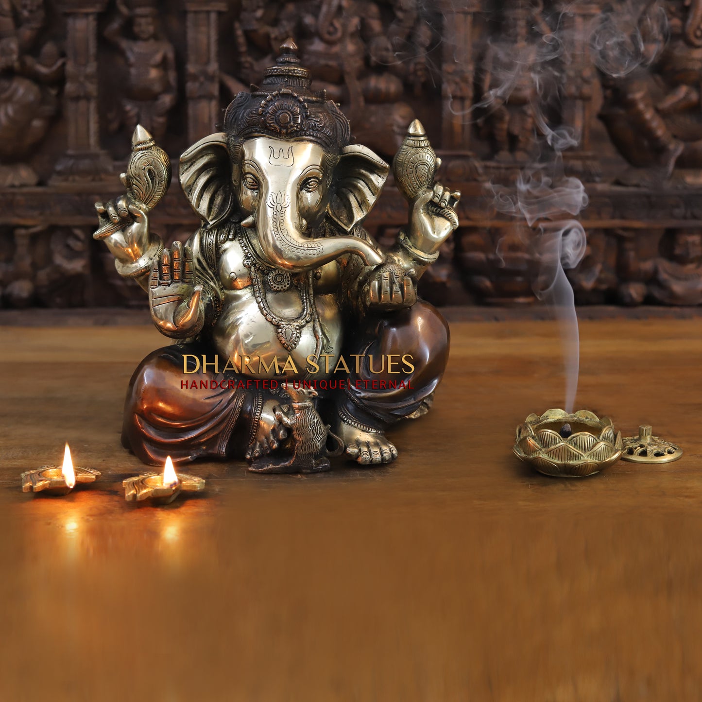 Brass Ganesh seated in Blessing Posture, Golden & Copper Finish, 14"