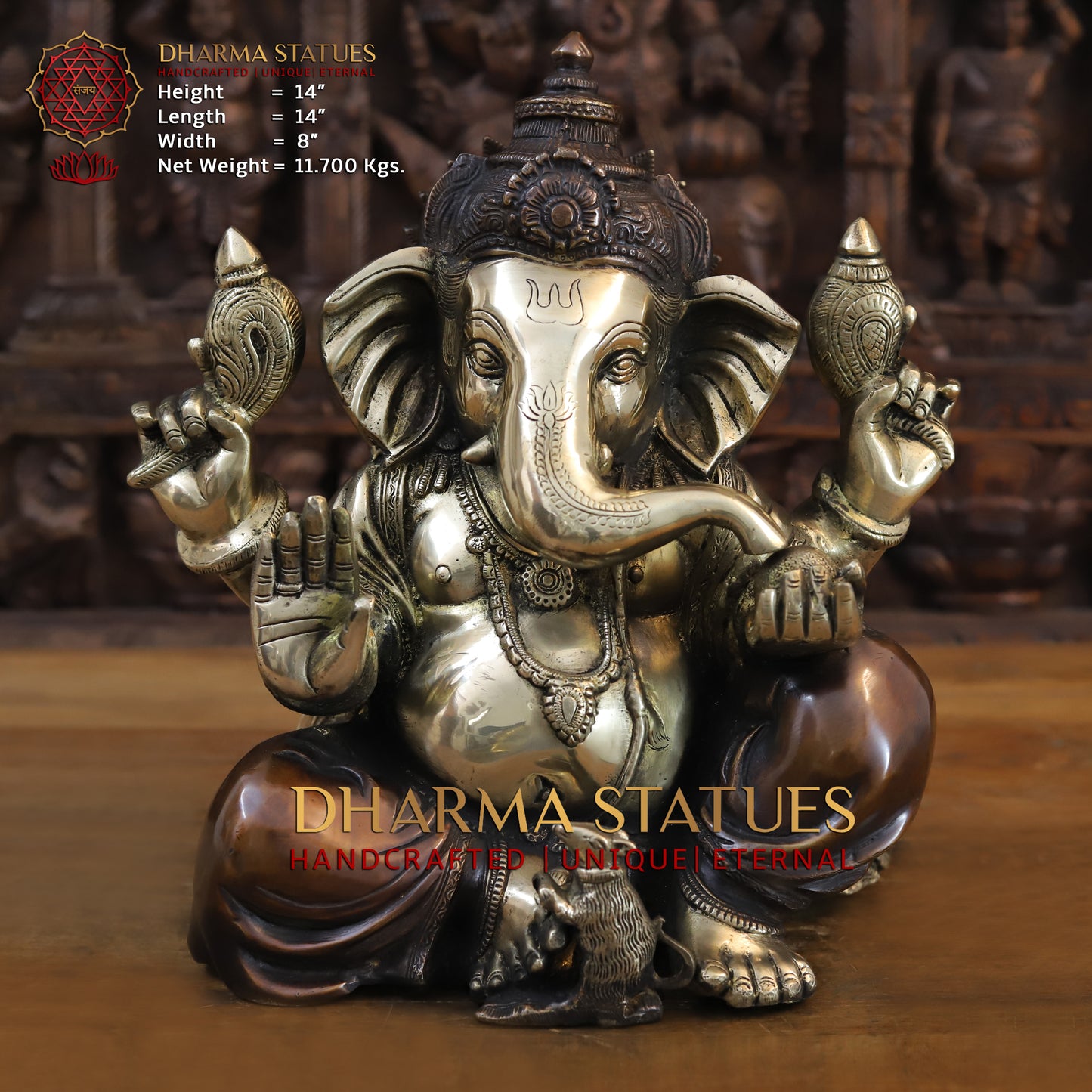 Brass Ganesh seated in Blessing Posture, Golden & Copper Finish, 14"