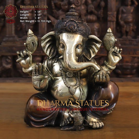 Brass Ganesh seated in Blessing Posture, Golden & Copper Finish, 14"