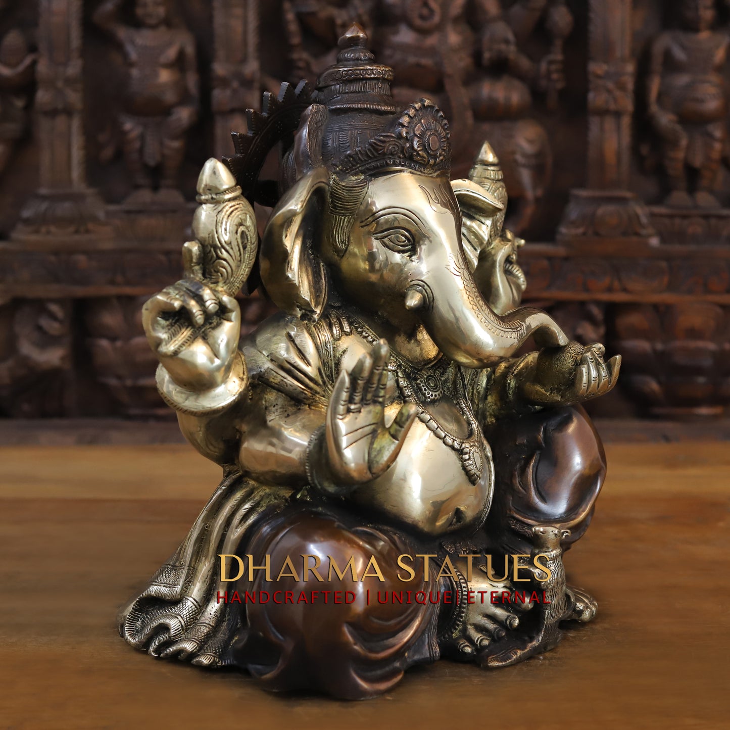Brass Ganesh seated in Blessing Posture, Golden & Copper Finish, 14"