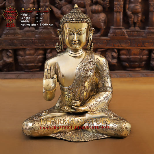 Brass Buddha seated in Blessing Posture, Golden Finish, 14"