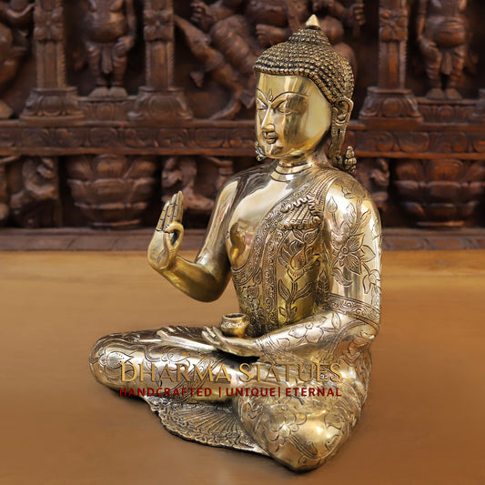 Brass Buddha seated in Blessing Posture, Golden Finish, 14"