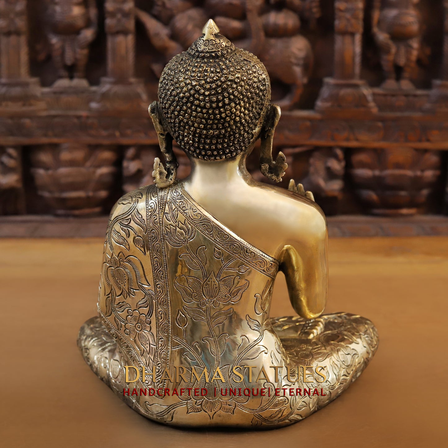 Brass Buddha seated in Blessing Posture, Golden Finish, 14"