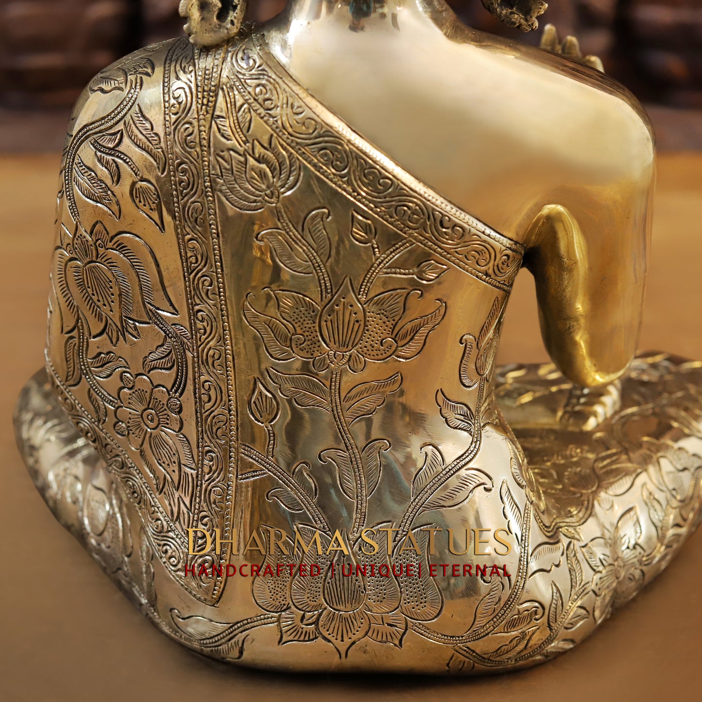 Brass Buddha seated in Blessing Posture, Golden Finish, 14"