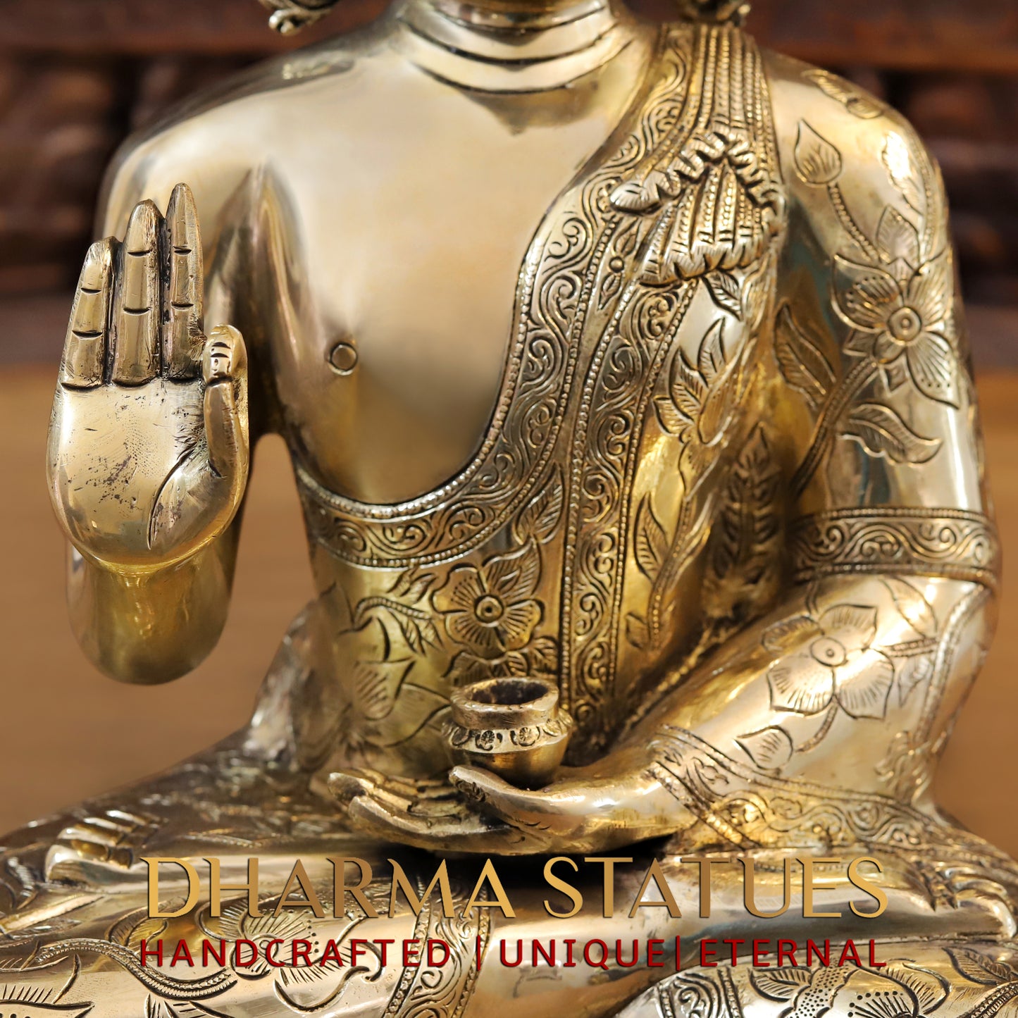 Brass Buddha seated in Blessing Posture, Golden Finish, 14"