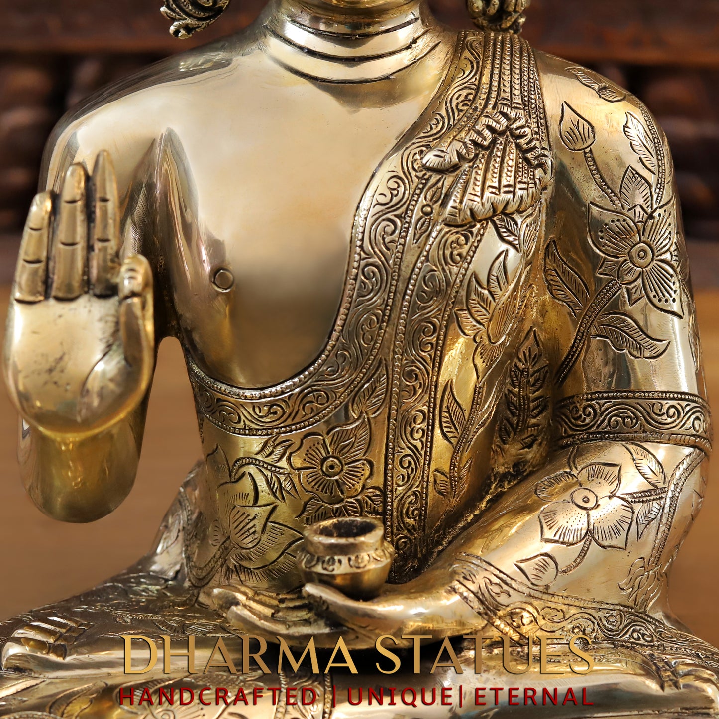Brass Buddha seated in Blessing Posture, Golden Finish, 14"