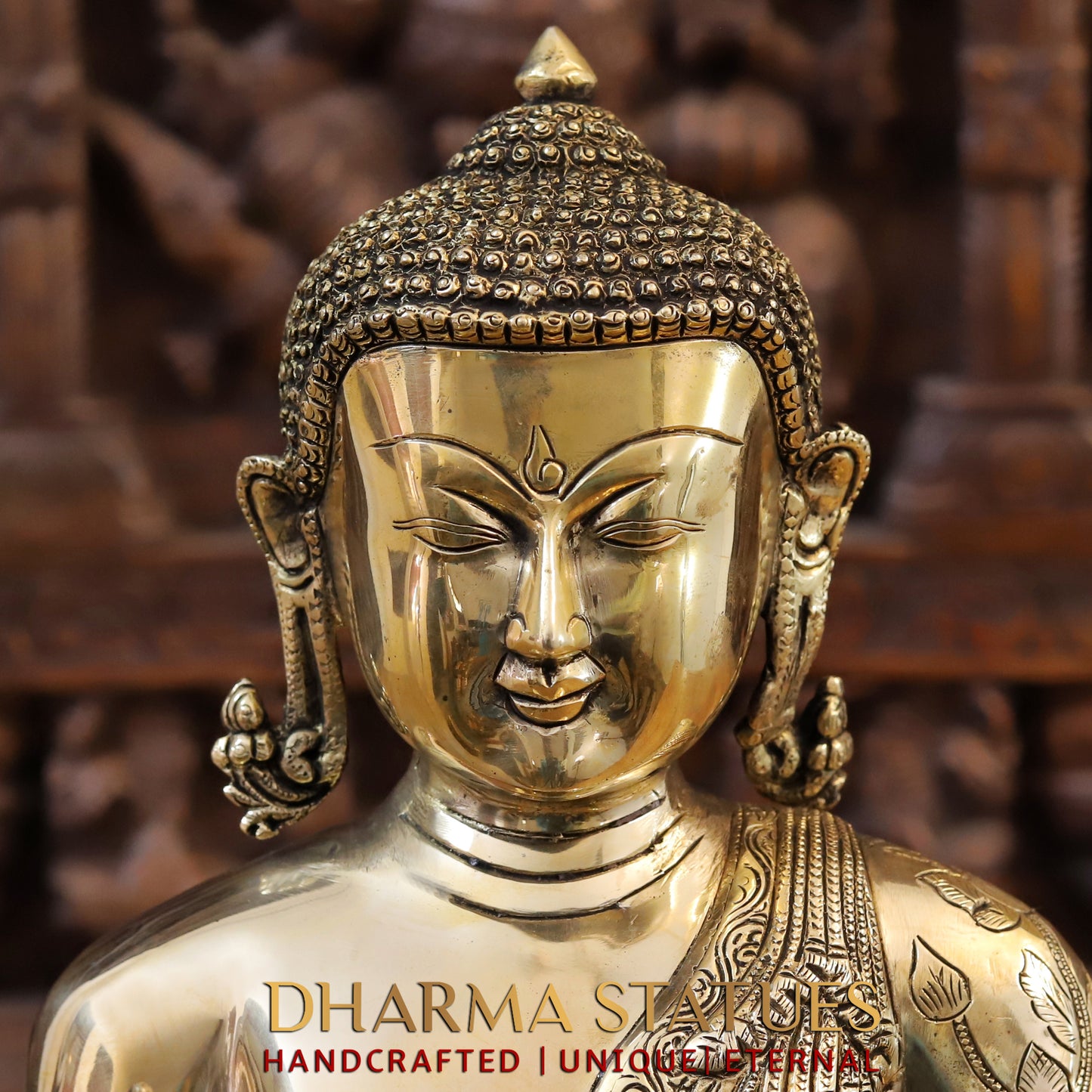 Brass Buddha seated in Blessing Posture, Golden Finish, 14"