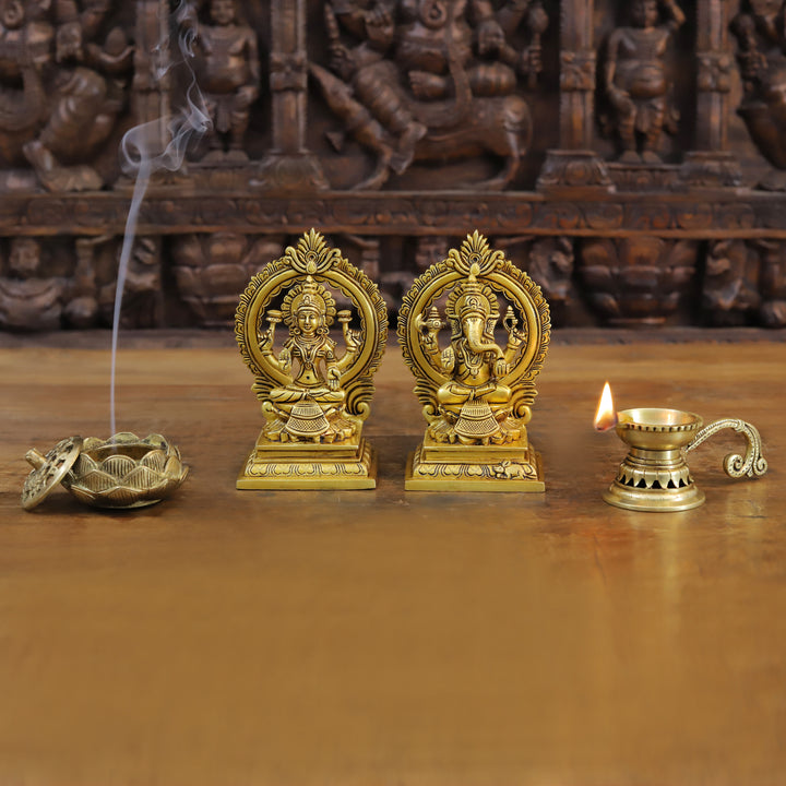 Brass Ganesh Laxmi, Seated on Carved Throne, Radiating Divine Wealth, Gold Finish, 7.5"