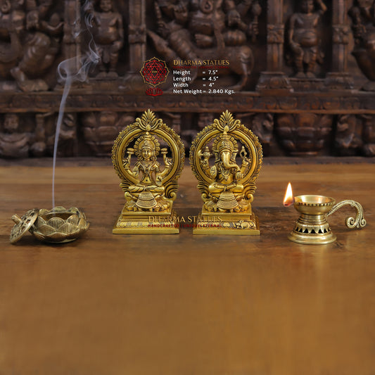 Brass Ganesh Laxmi, Seated on Carved Throne, Gold Finish, 7.5"