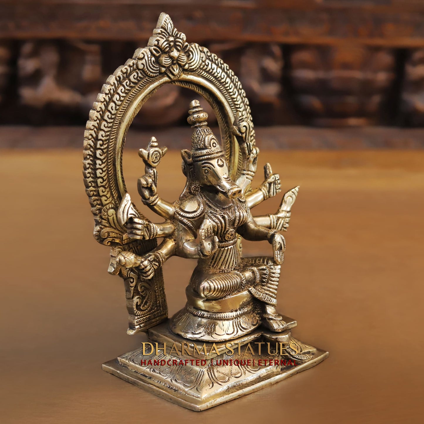 Brass Varaha (Lord Vishnu) in Seated Posture with Frame Behind Him. 8"