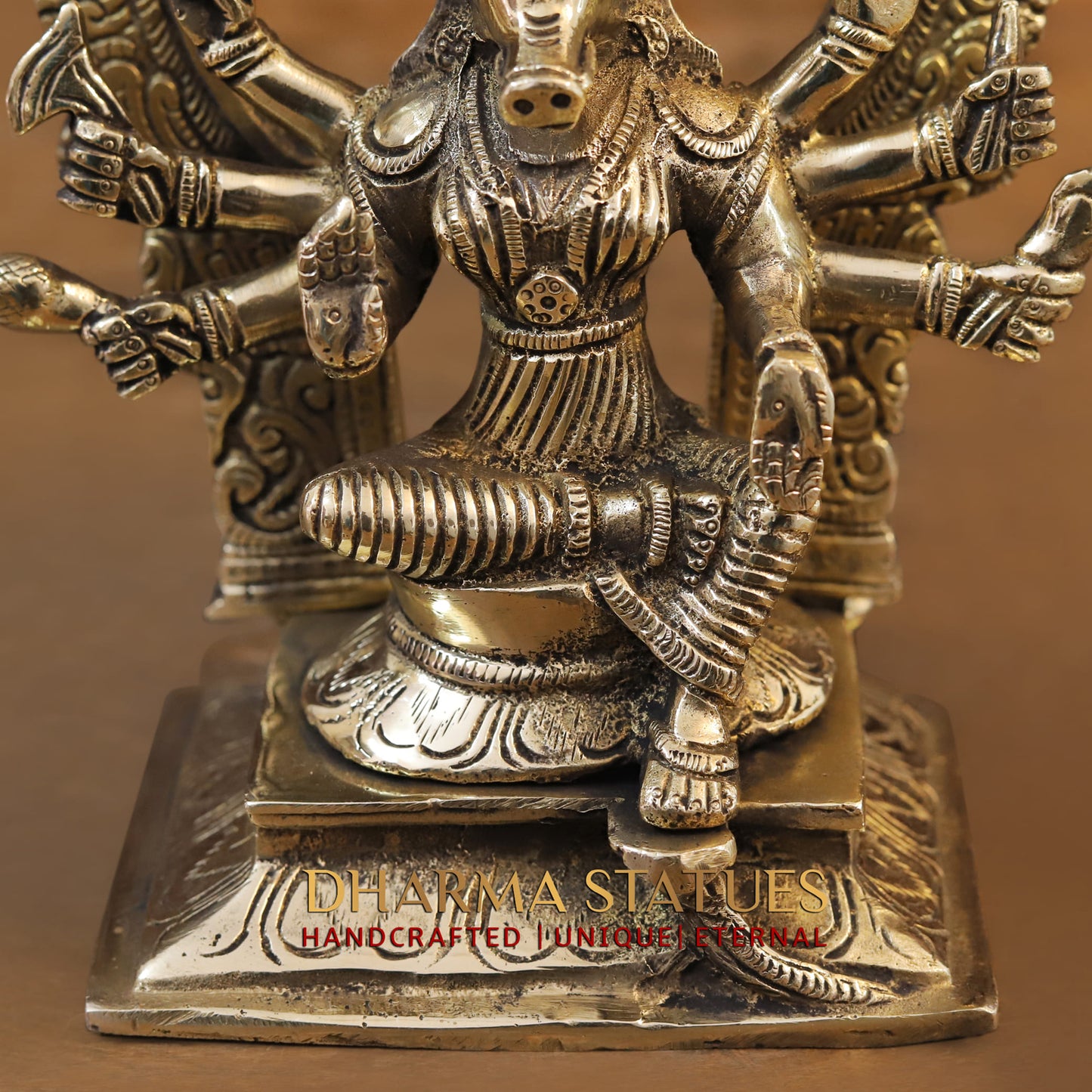 Brass Varaha (Lord Vishnu) in Seated Posture with Frame Behind Him. 8"