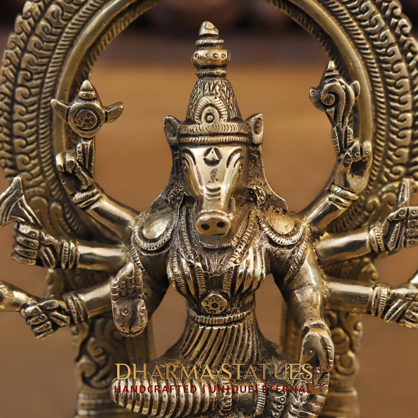 Brass Varaha (Lord Vishnu) in Seated Posture with Frame Behind Him. 8"