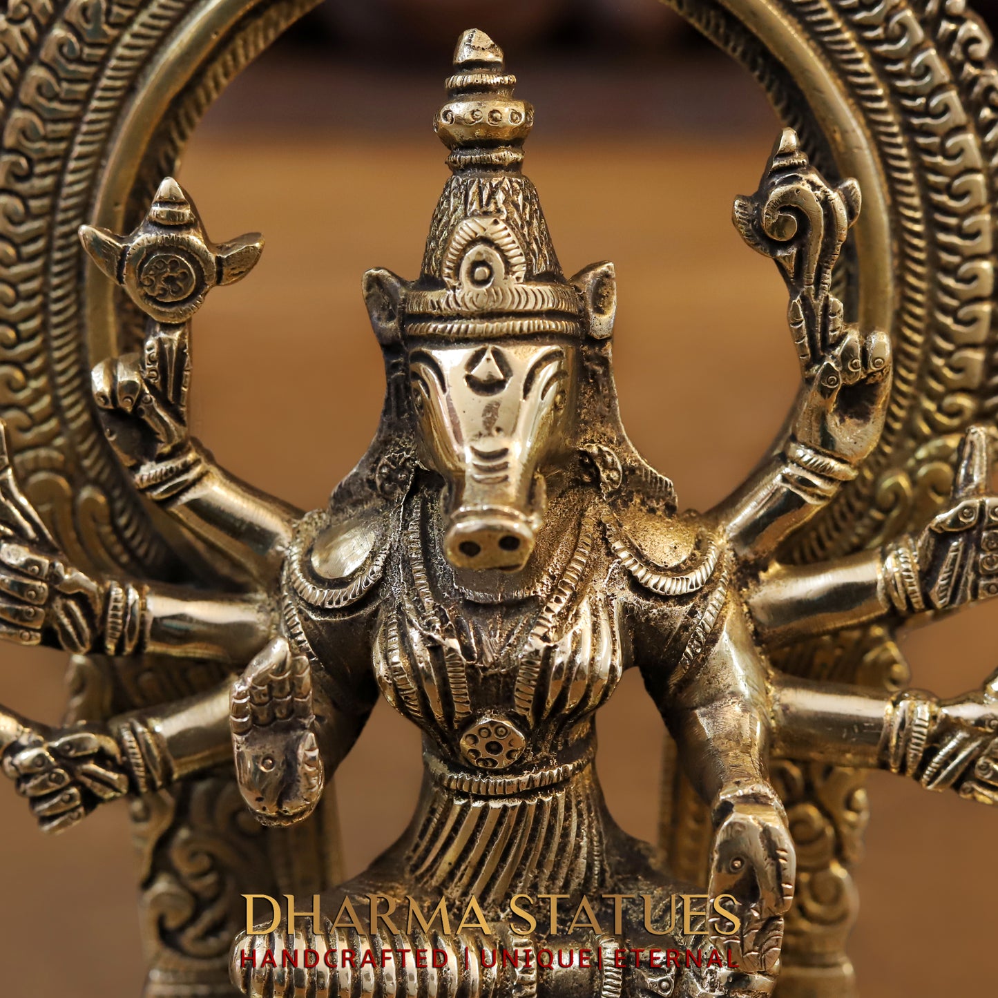 Brass Varaha (Avatar of Lord Vishnu), Fine Golden Finish, 8"