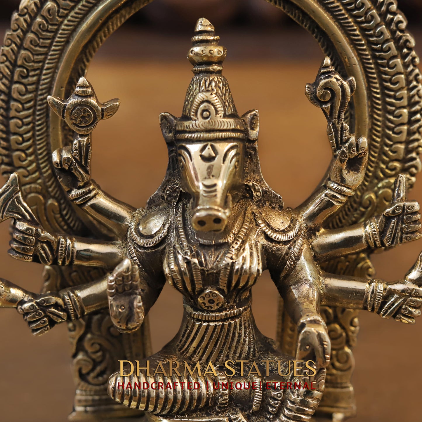 Brass Varaha (Lord Vishnu) in Seated Posture with Frame Behind Him. 8"