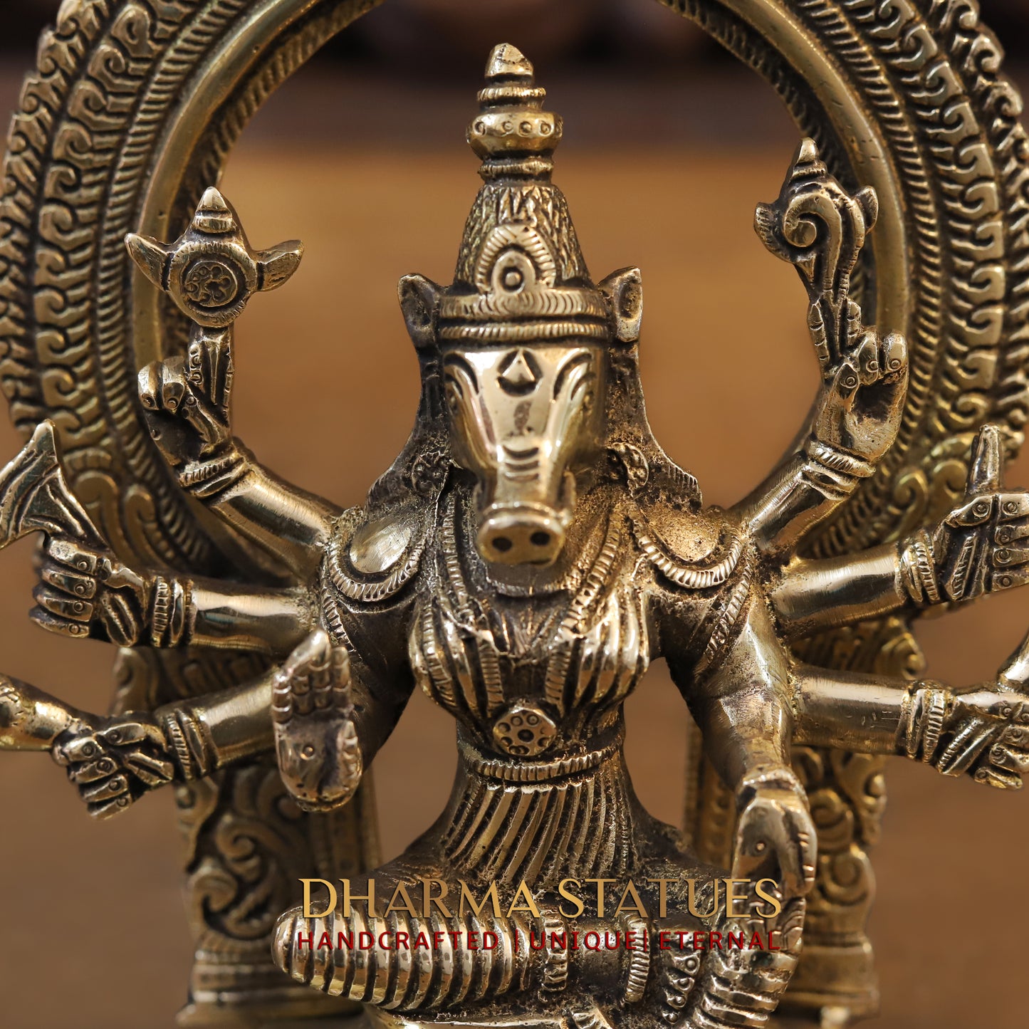 Brass Varaha (Avatar of Lord Vishnu), Fine Golden Finish, 8"