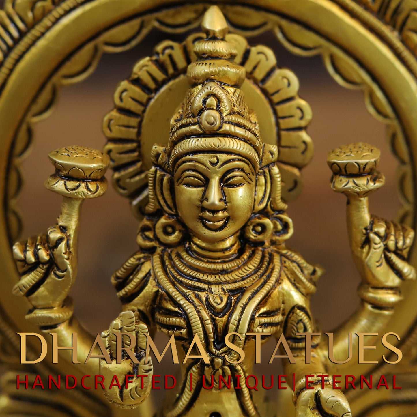 Brass Ganesh Laxmi, Seated on Carved Throne, Gold Finish, 7.5"