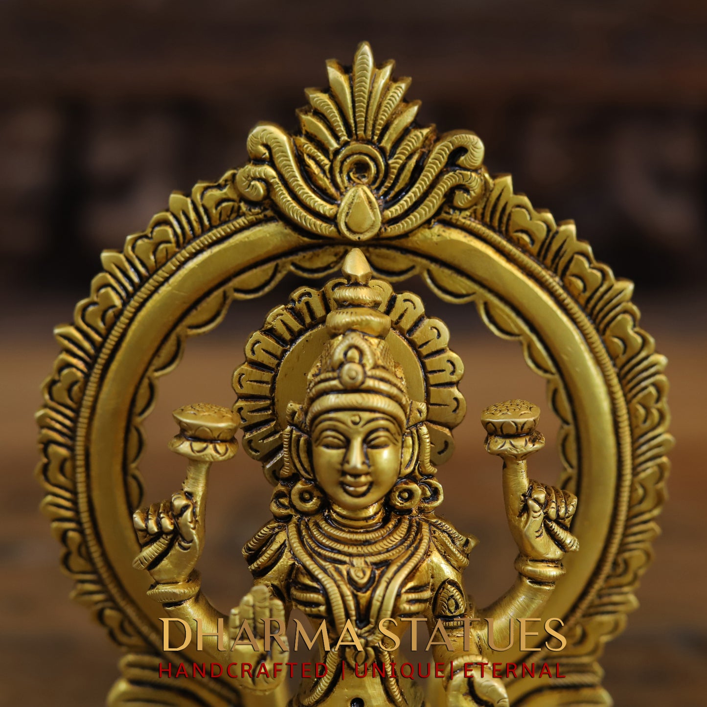 Brass Ganesh Laxmi, Seated on Carved Throne, Gold Finish, 7.5"