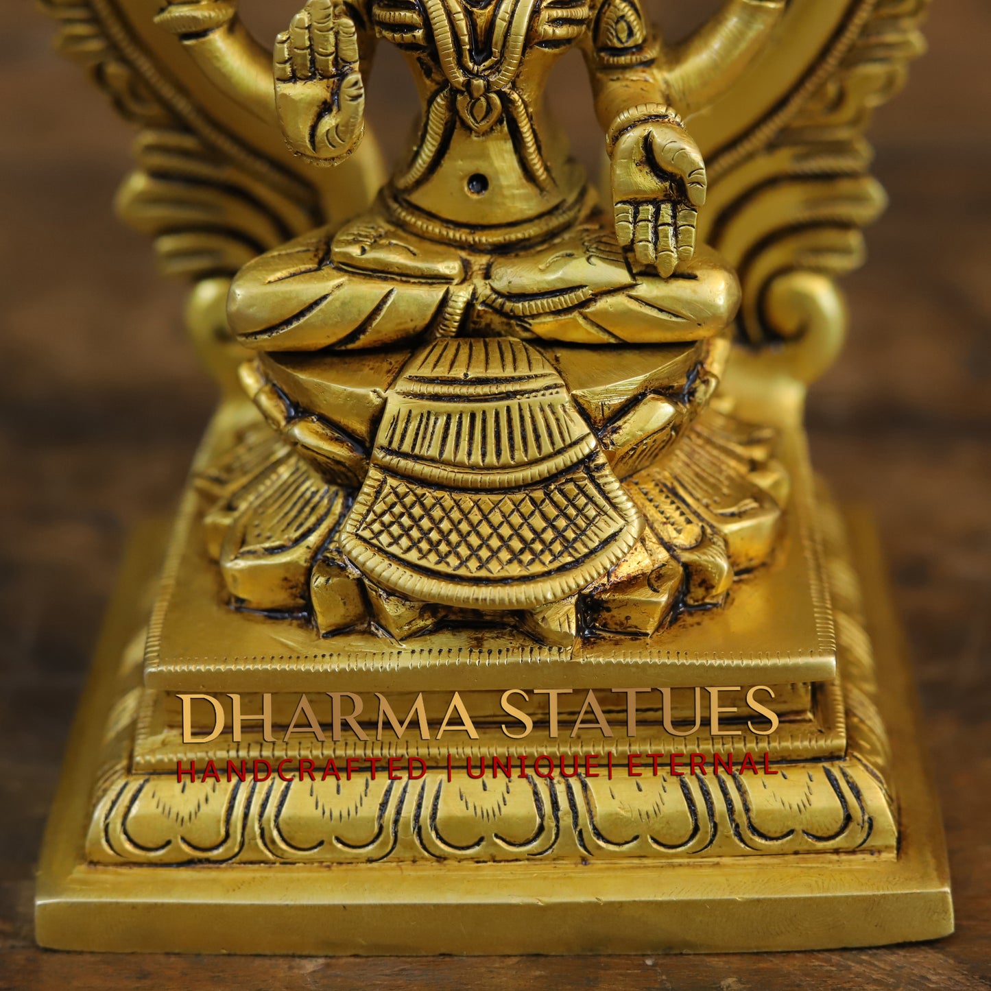 Brass Ganesh Laxmi, Seated on Carved Throne, Gold Finish, 7.5"