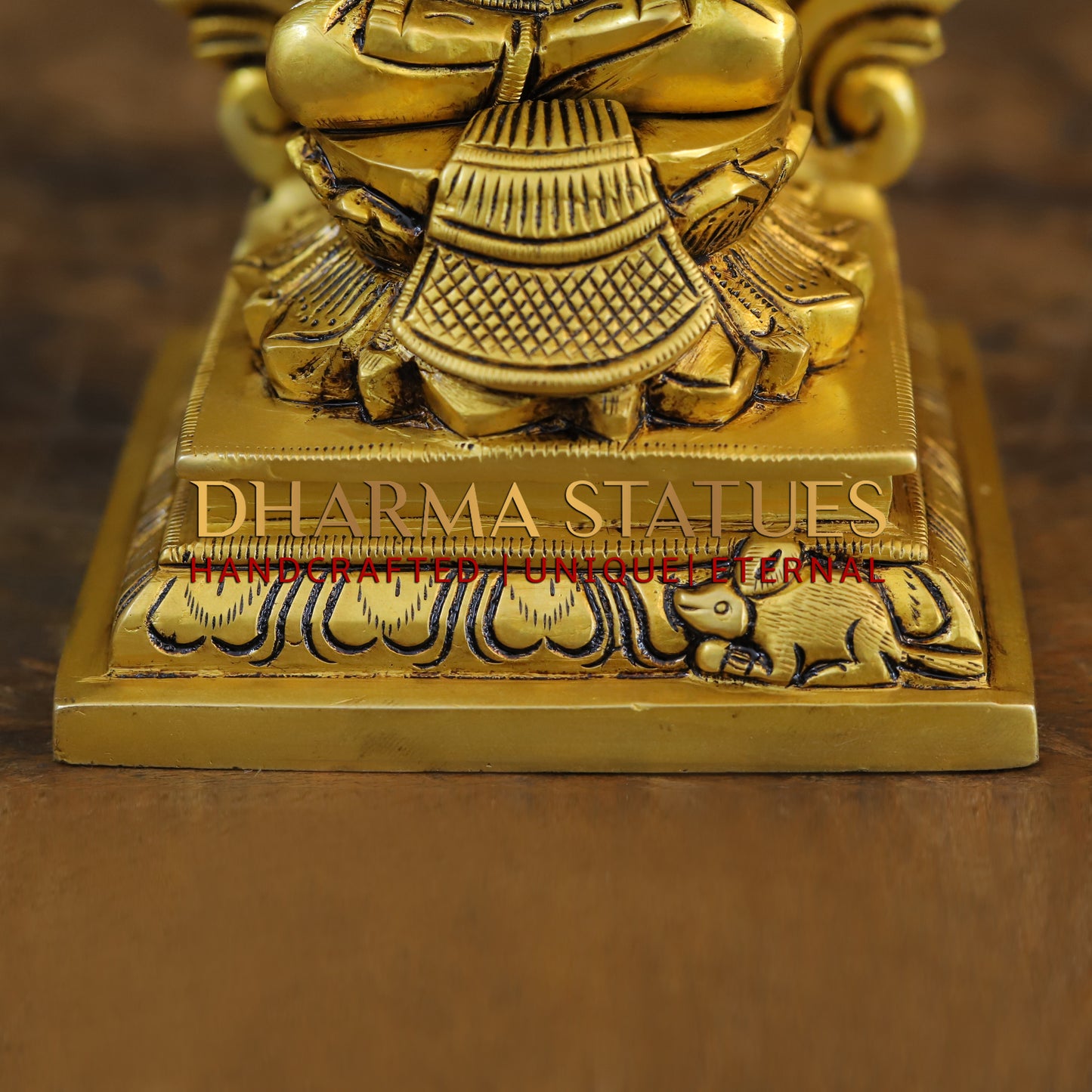 Brass Ganesh Laxmi, Seated on Carved Throne, Gold Finish, 7.5"