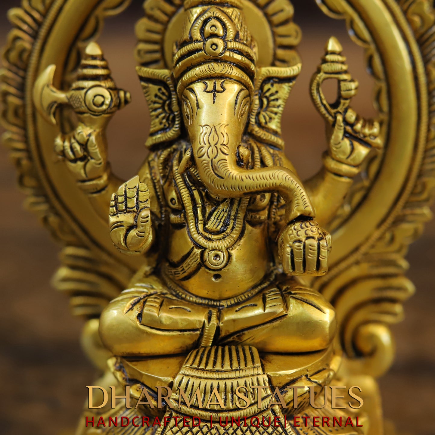 Brass Ganesh Laxmi, Seated on Carved Throne, Gold Finish, 7.5"