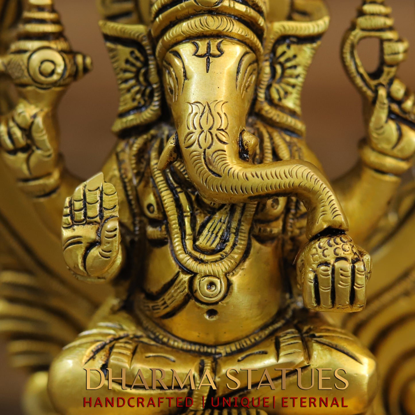 Brass Ganesh Laxmi, Seated on Carved Throne, Gold Finish, 7.5"